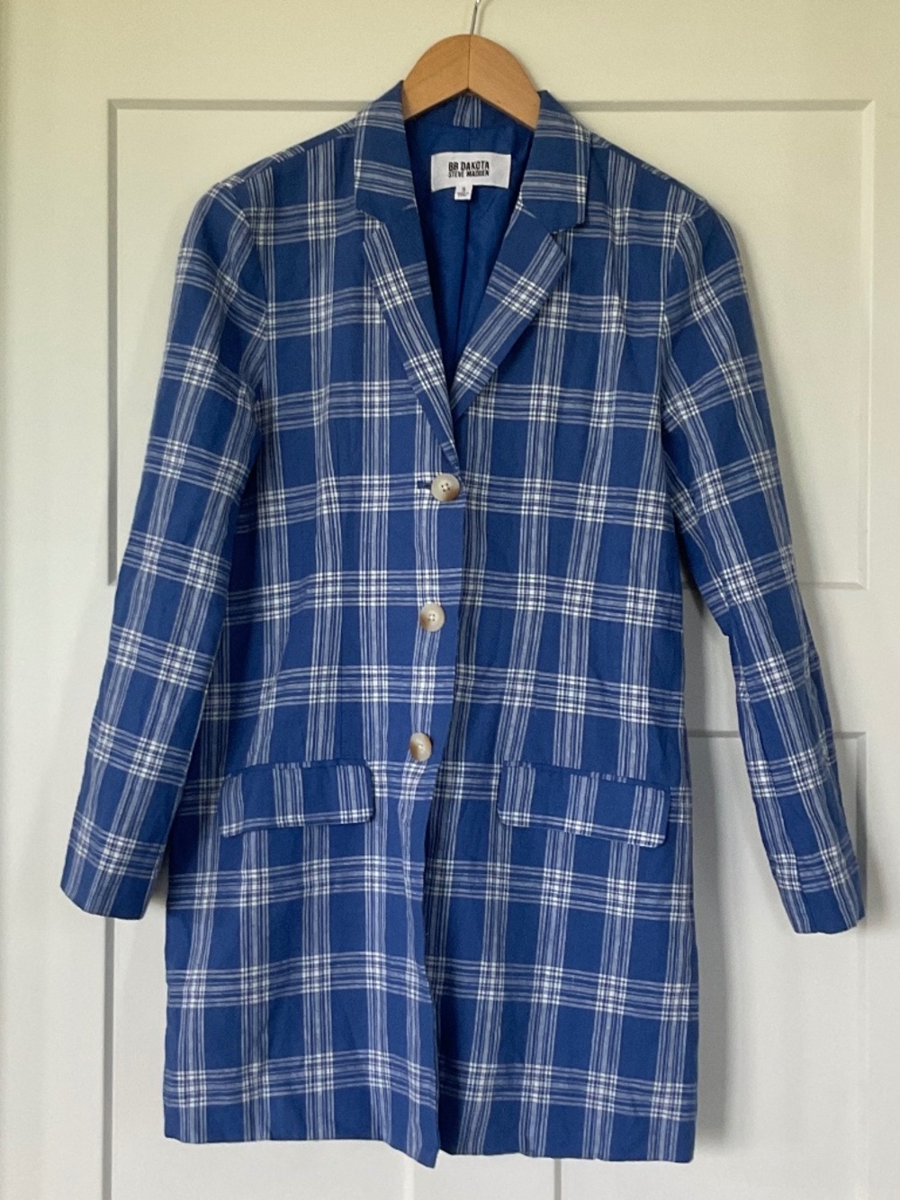 BB Dakota Steve Madden Blue White Plaid Longline Sweetheart Blazer Small